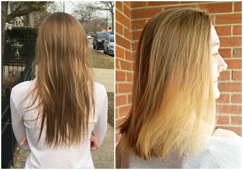 Girl before and after a haircut. 
