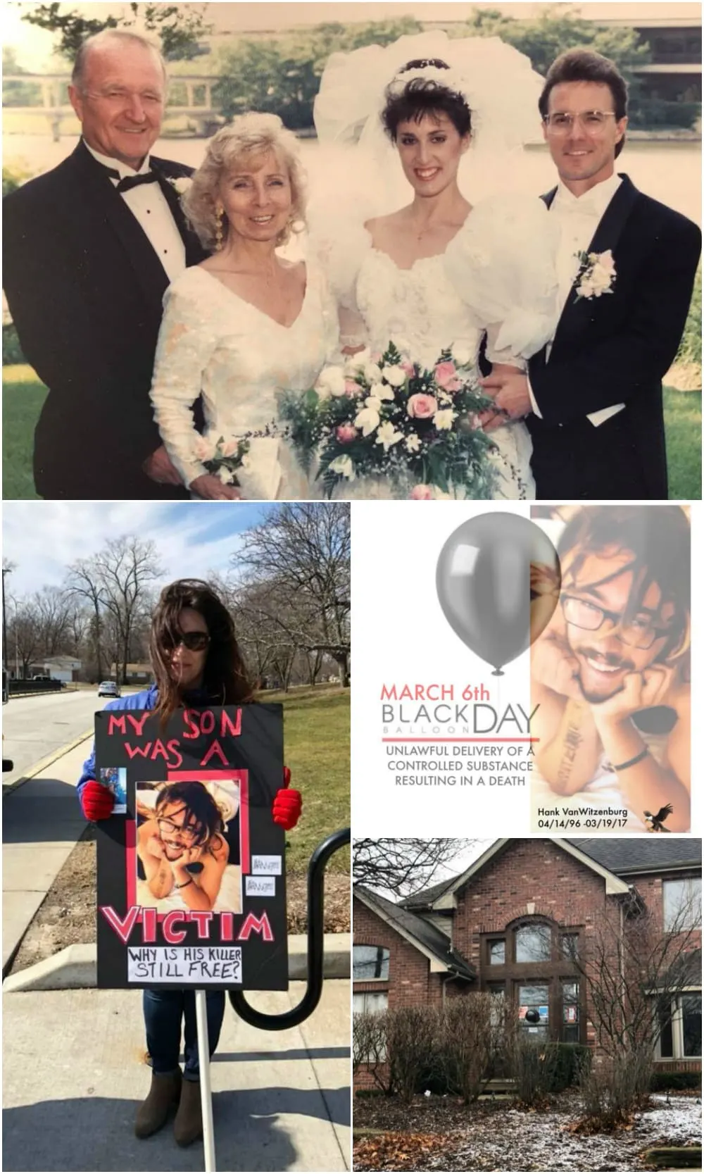 Family picture of a wedding and a collage of Black Balloon day pictures. 