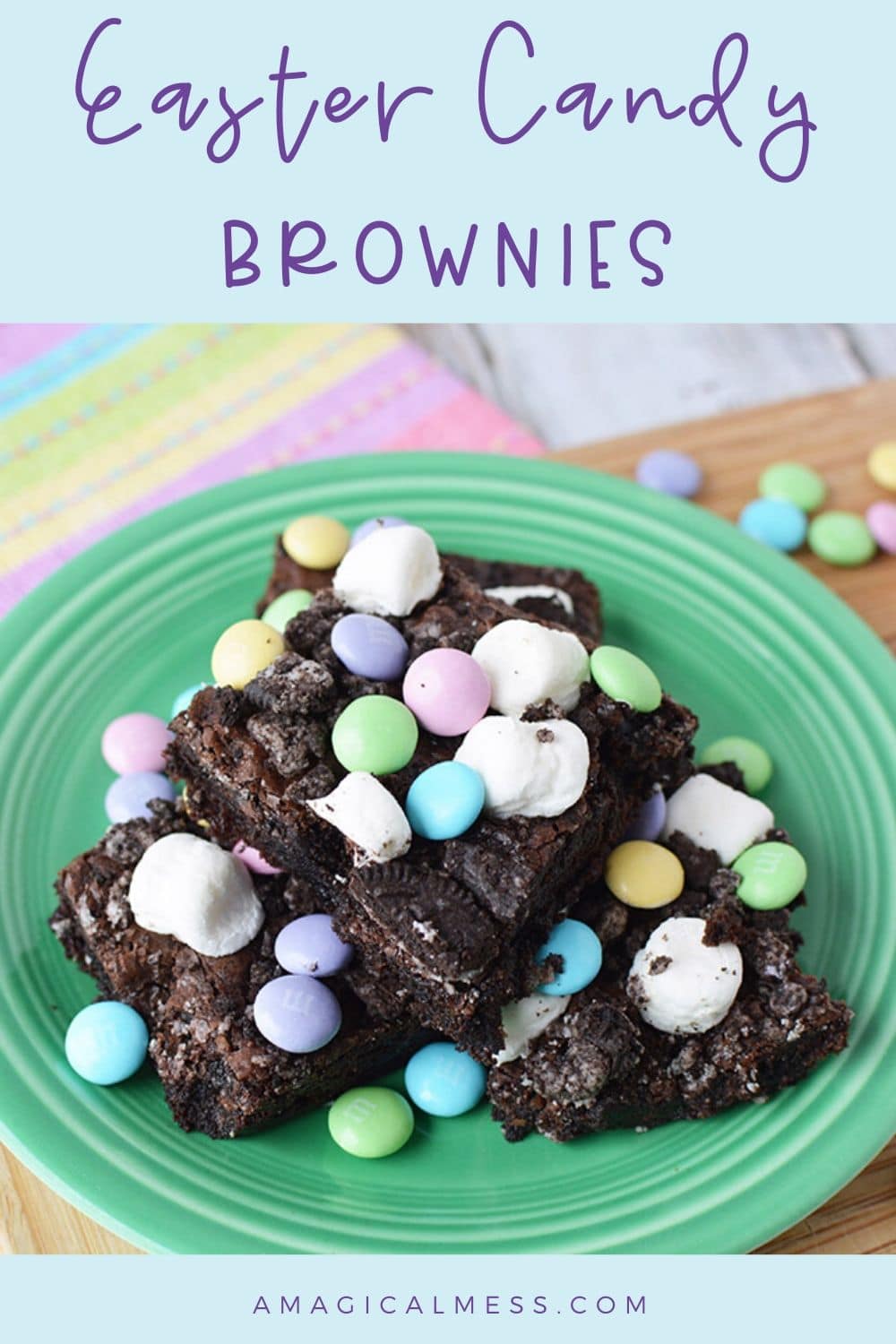 Brownies with marshmallow and candies on a plate