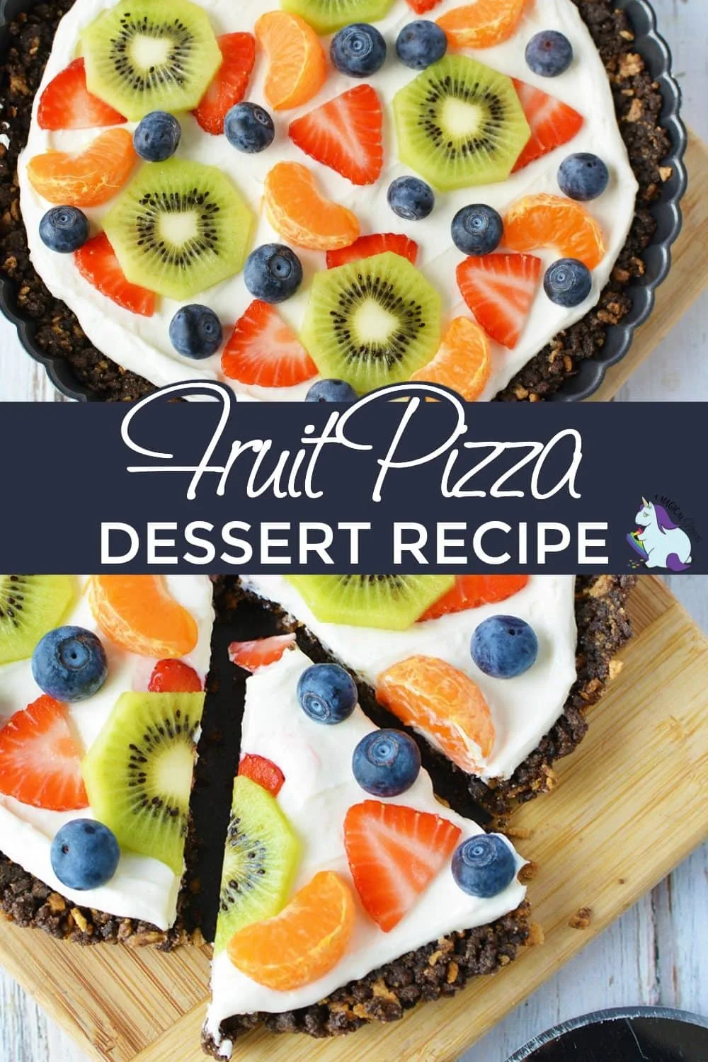 Fruit tart or fruit pizza on a board sliced.