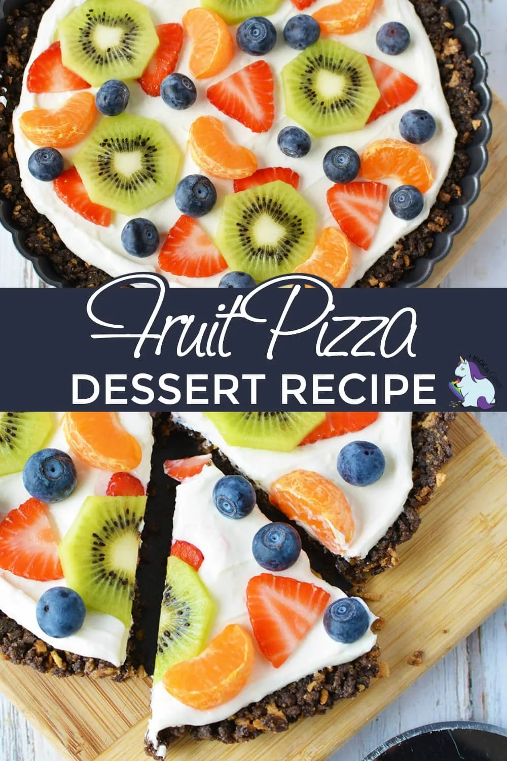 Fruit pizza in a tart pan and sliced on a cutting board. 