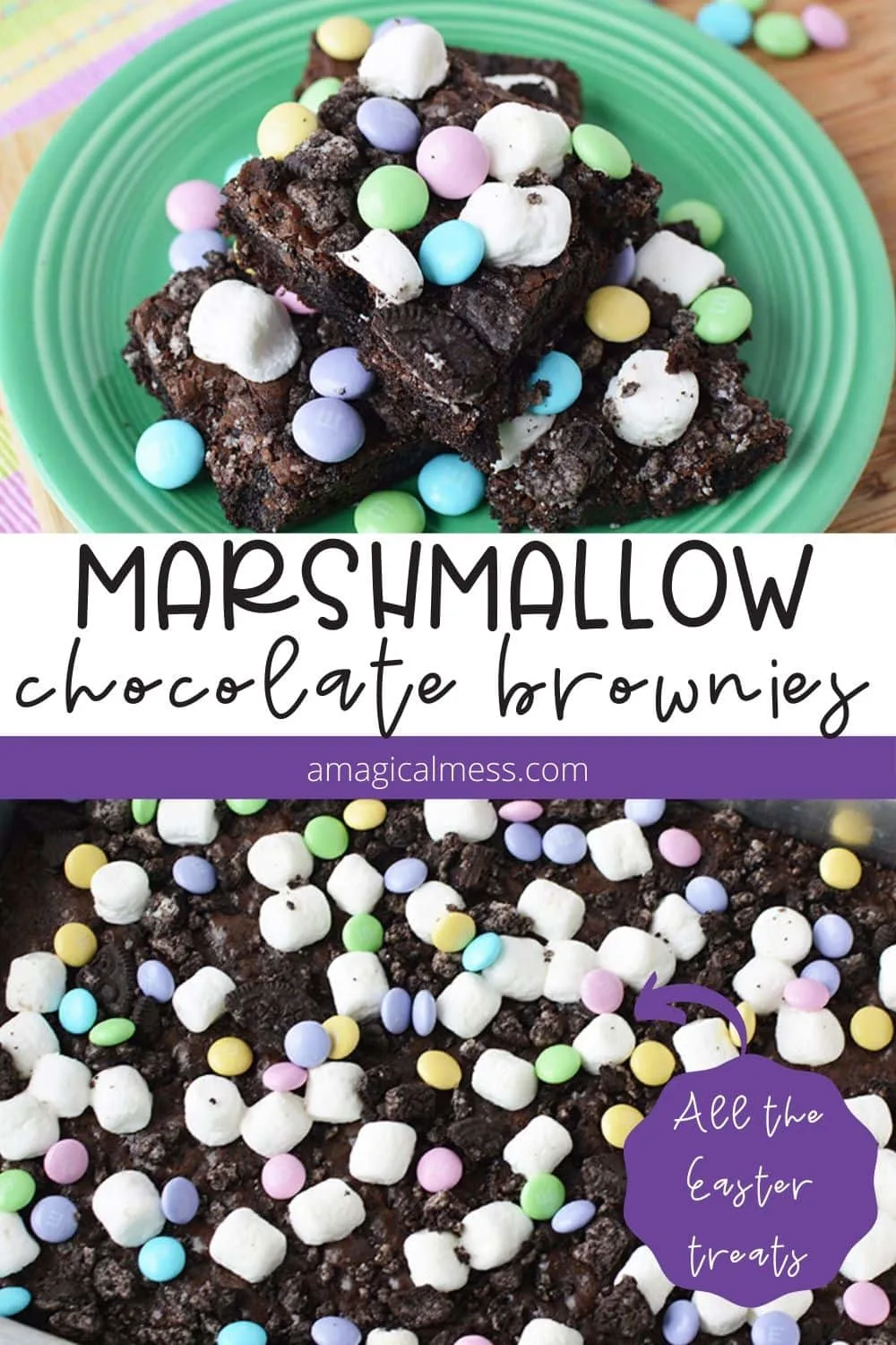 Marshmallow brownies on a plate and in a pan