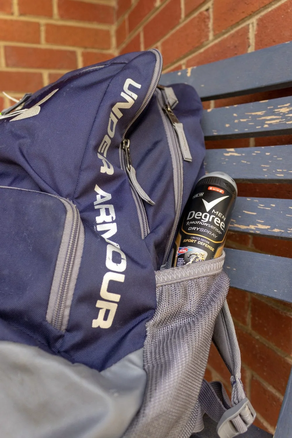 Under Armour backpack with Degree spray deodorant in the pocket. 