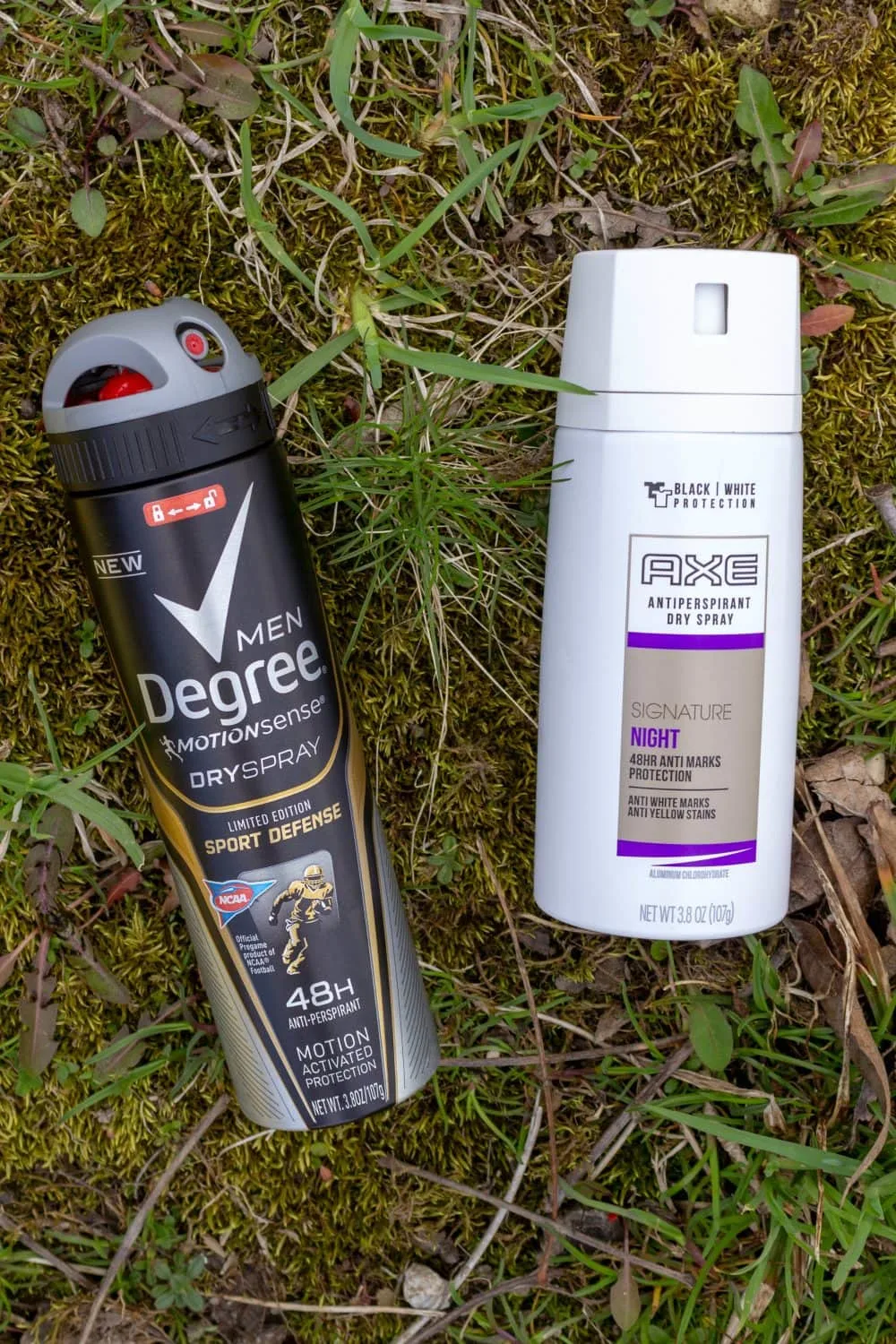 Men's Degree and Axe antiperspirant in the grass. 