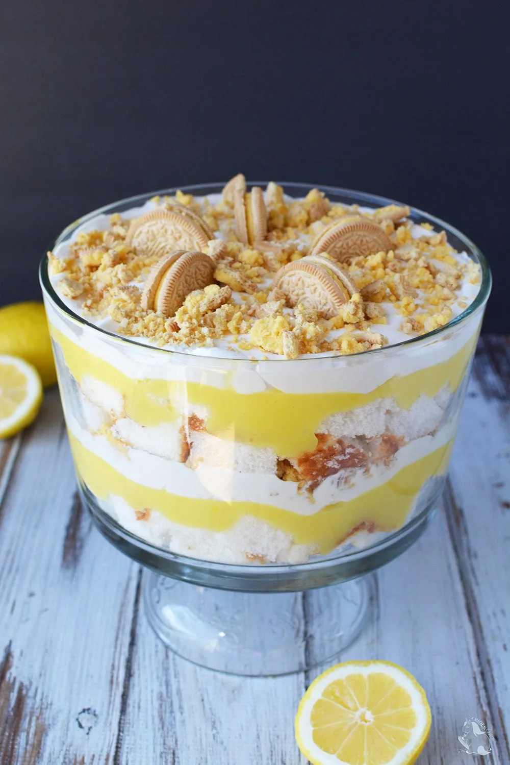 Lemon layered dessert in a pretty bowl.