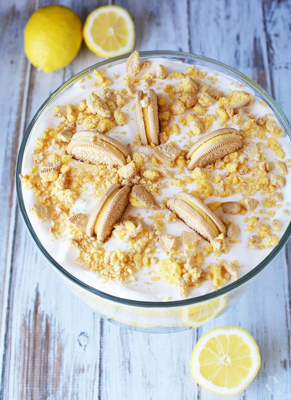 Lemon trifle topped with Lemon Crème OREO cookies. 