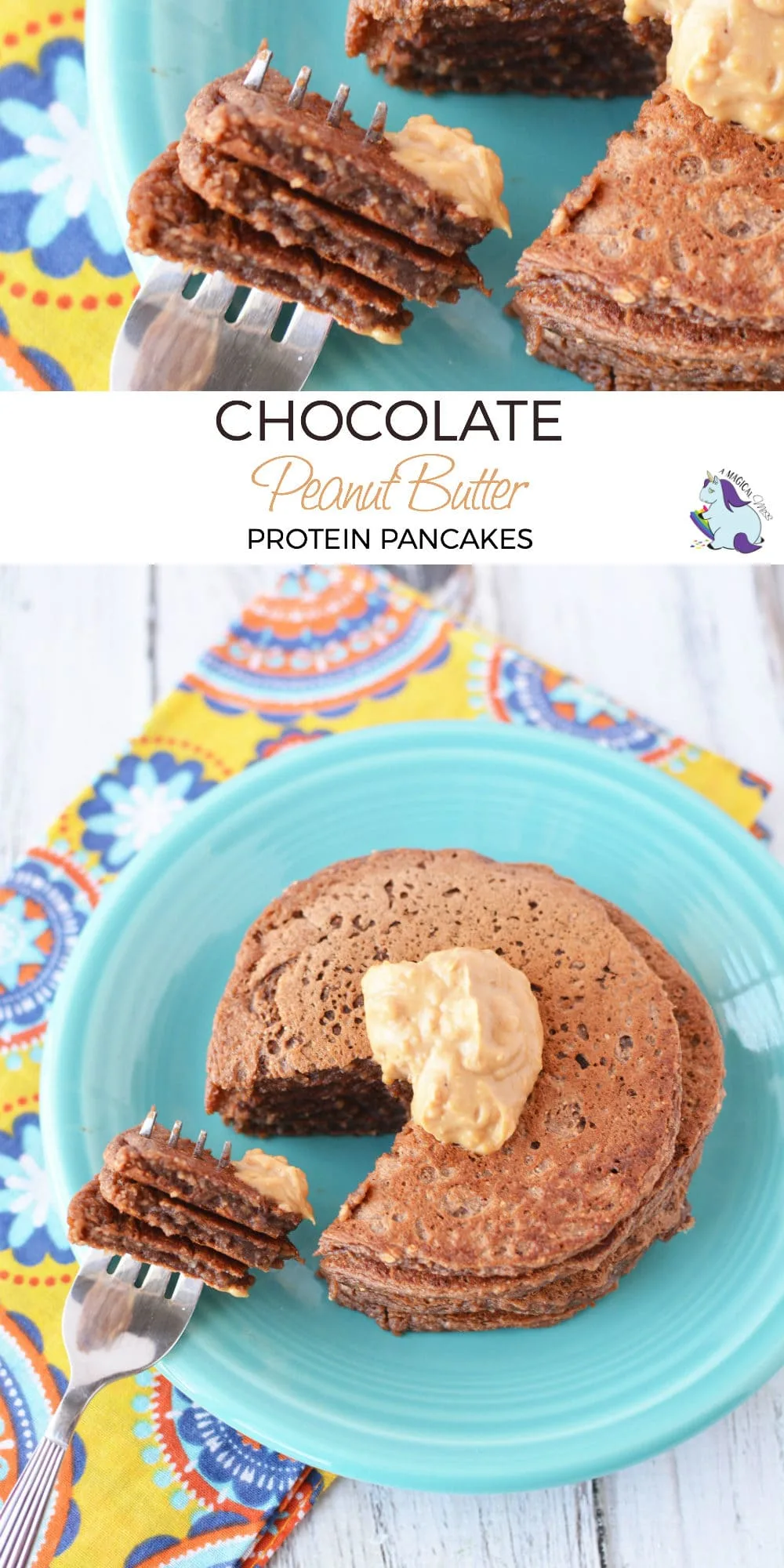Chocolate Peanut Butter High Protein Pancakes on a blue plate