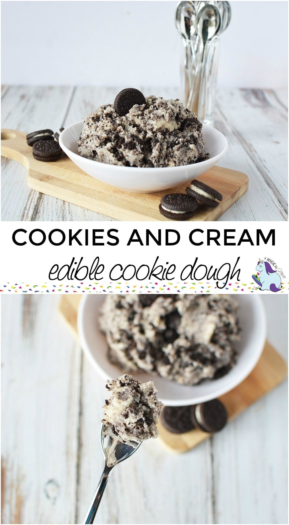 Bowls of oreo cookie dough with a spoon.
