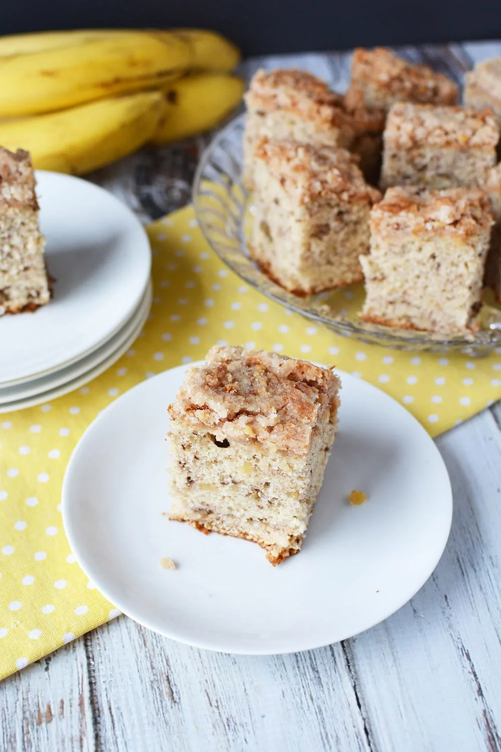 Banana Nut Coffee Cake little slices on plates. 