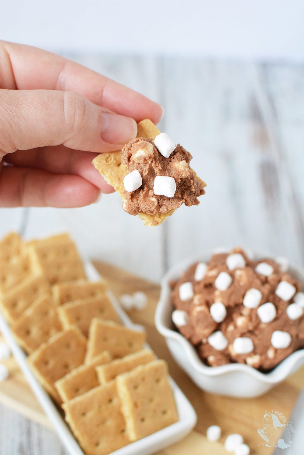 Dipping a graham cracker into s'mores cookie dough dip.