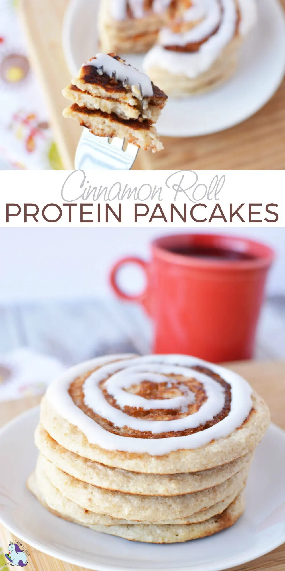 Cinnamon roll protein pancakes on a fork and on a plate. 