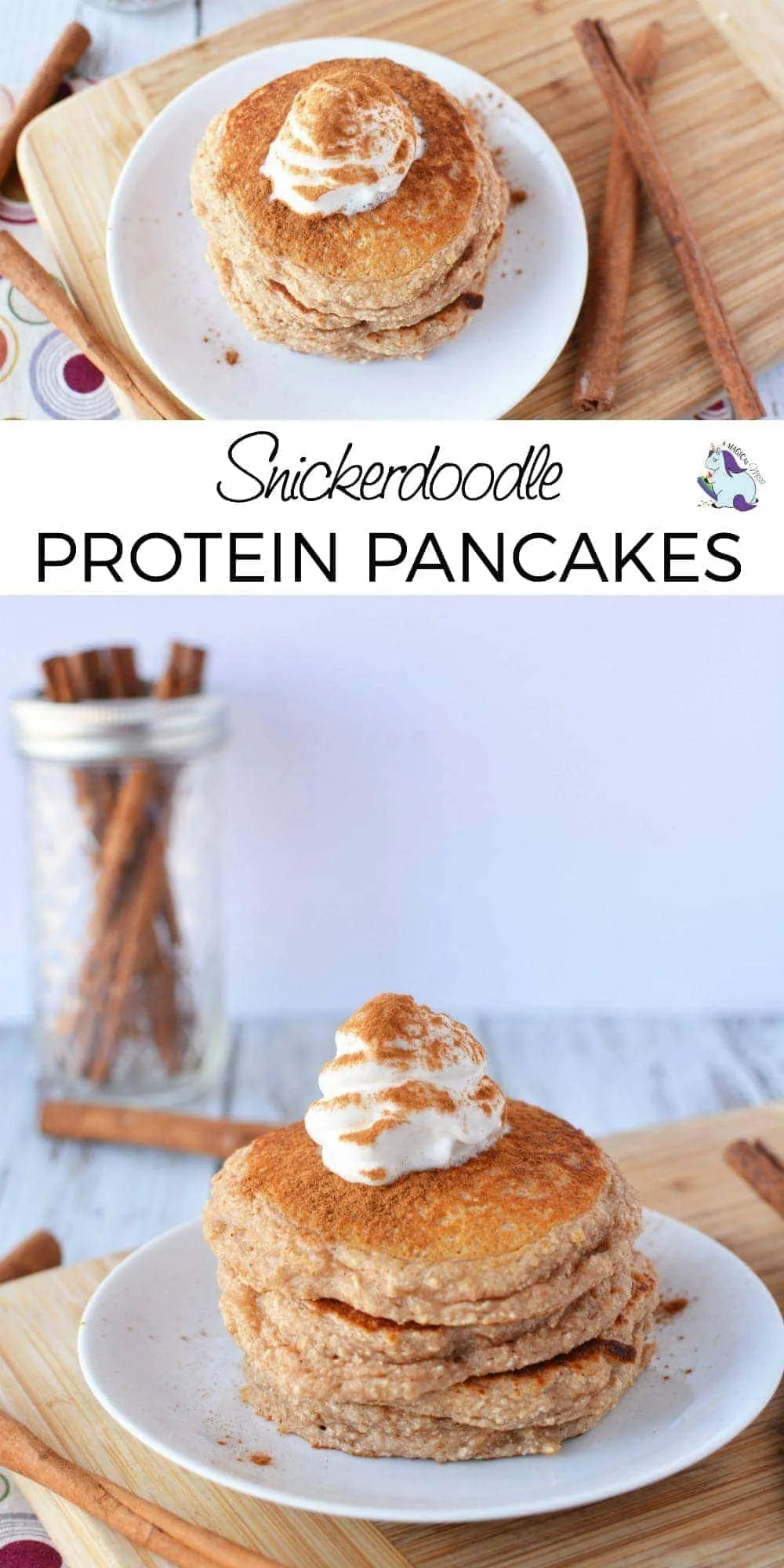 Protein pancakes with whipped cream surrounded by cinnamon sticks.