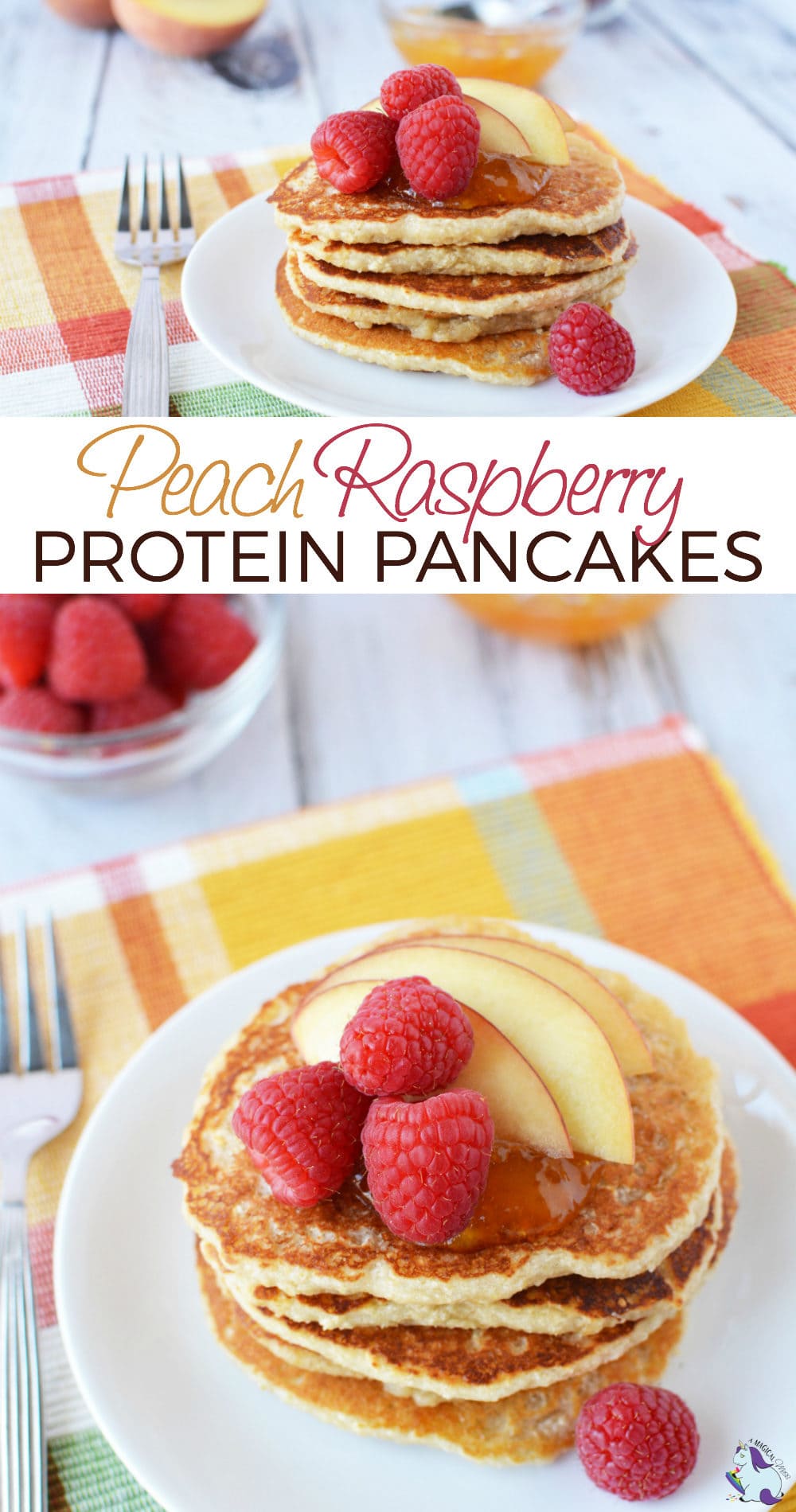 Pancakes stacked and topped with raspberries and peach slices. 