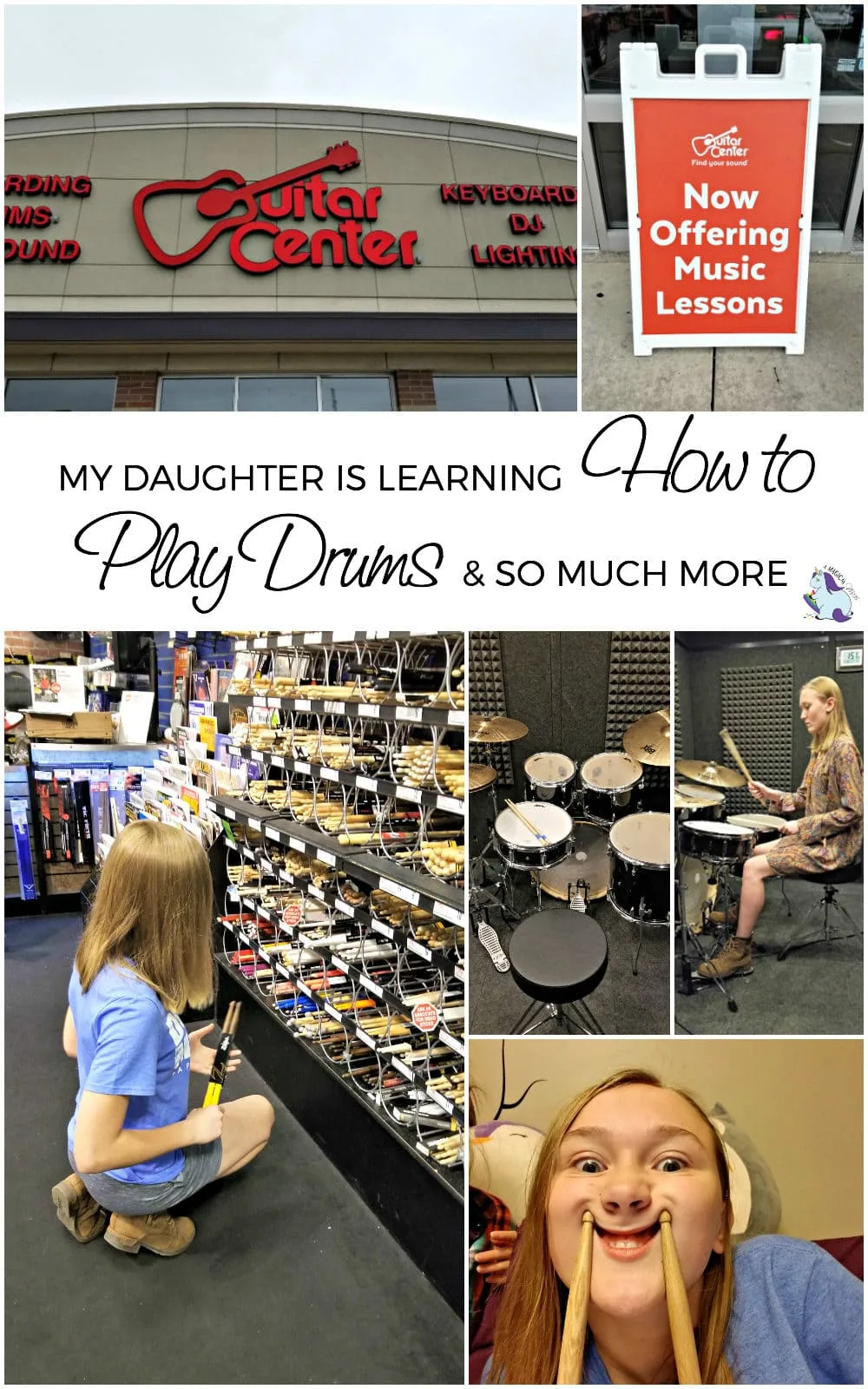 Guitar Center and images of drum lessons in a collage. 