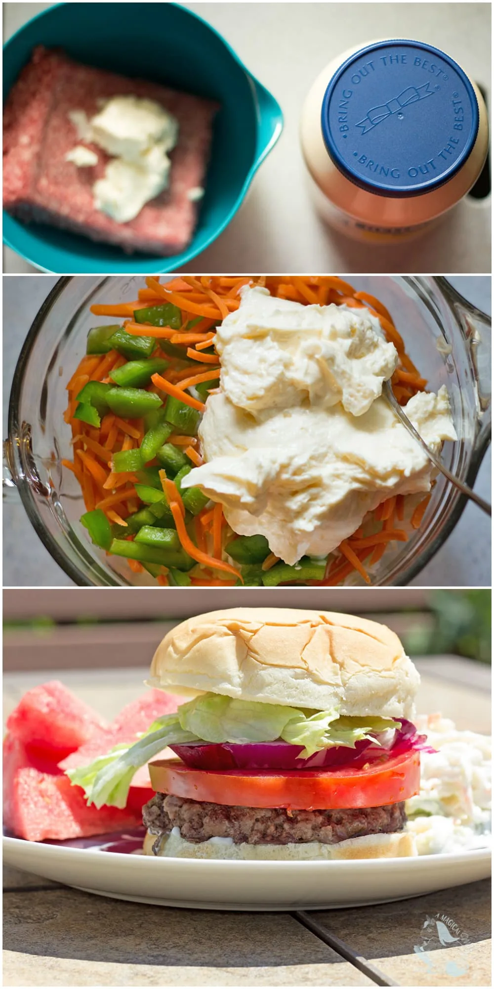 Ground beef and mayo in a bowl, carrots, peppers, and mayo in a bowl, and a completed burger on a plate. 