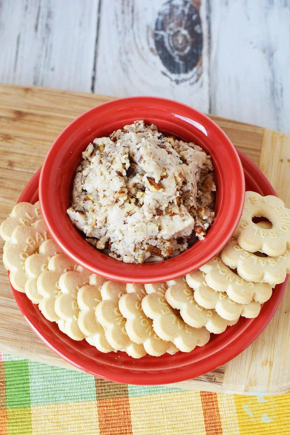 Overhead shot of butter pecan cookie dough dip in a red dish