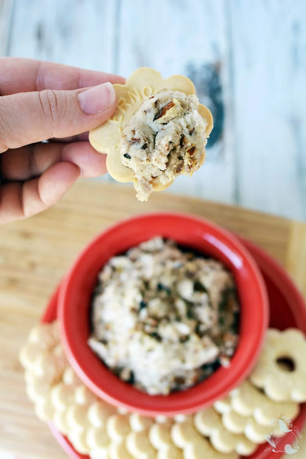 Dipping a butter cookie into butter pecan dip