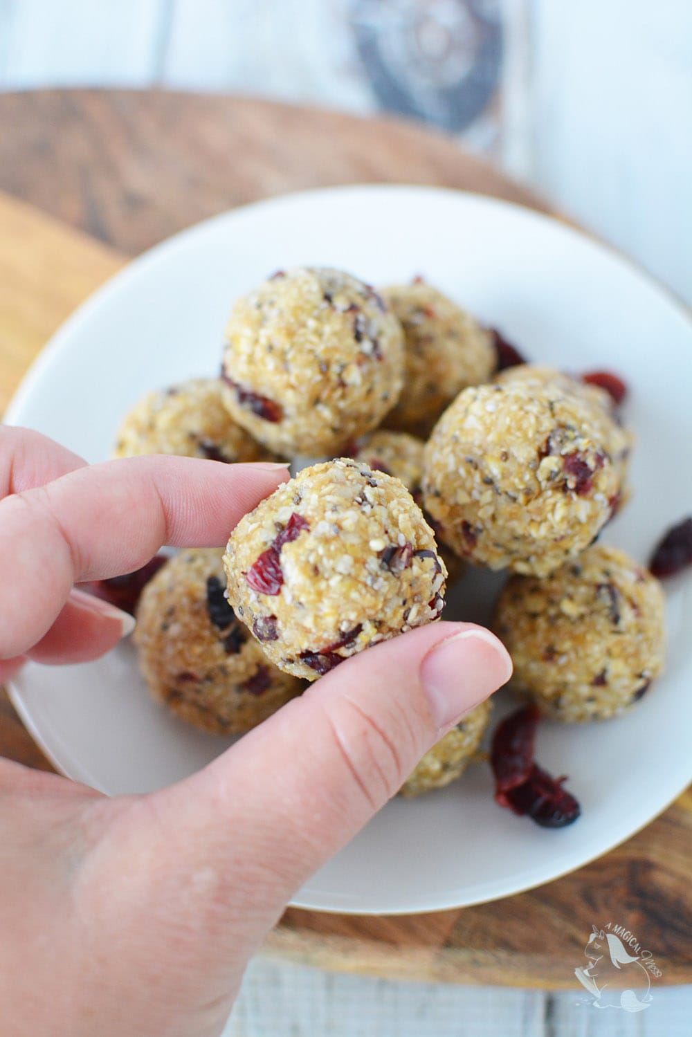 Holding a cranberry energy bite with more on the plate below it. 