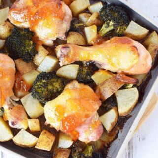 Peach chicken sheet pan dinner recipe