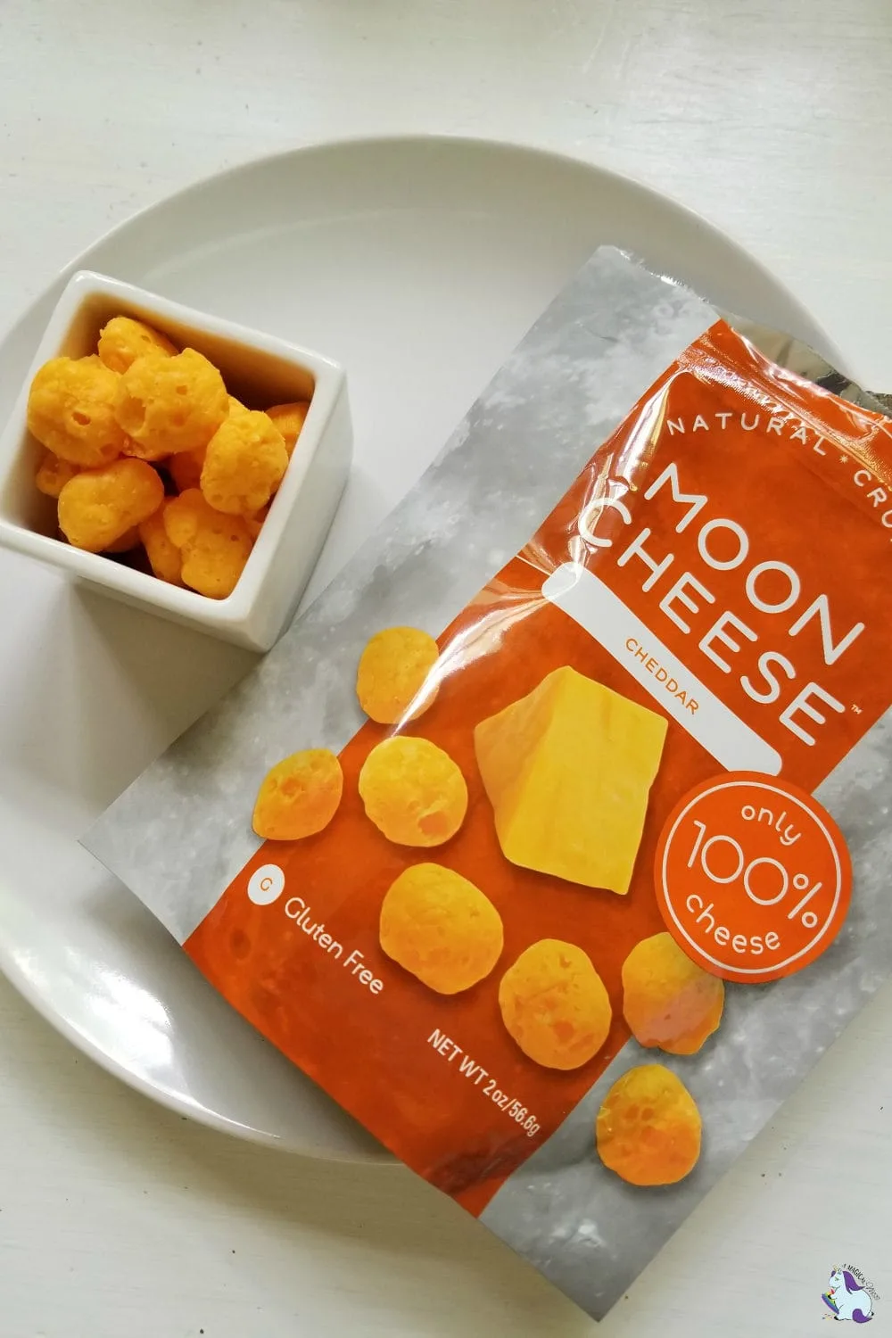 Cheddar Moon Cheese in a bag and in a dish. 