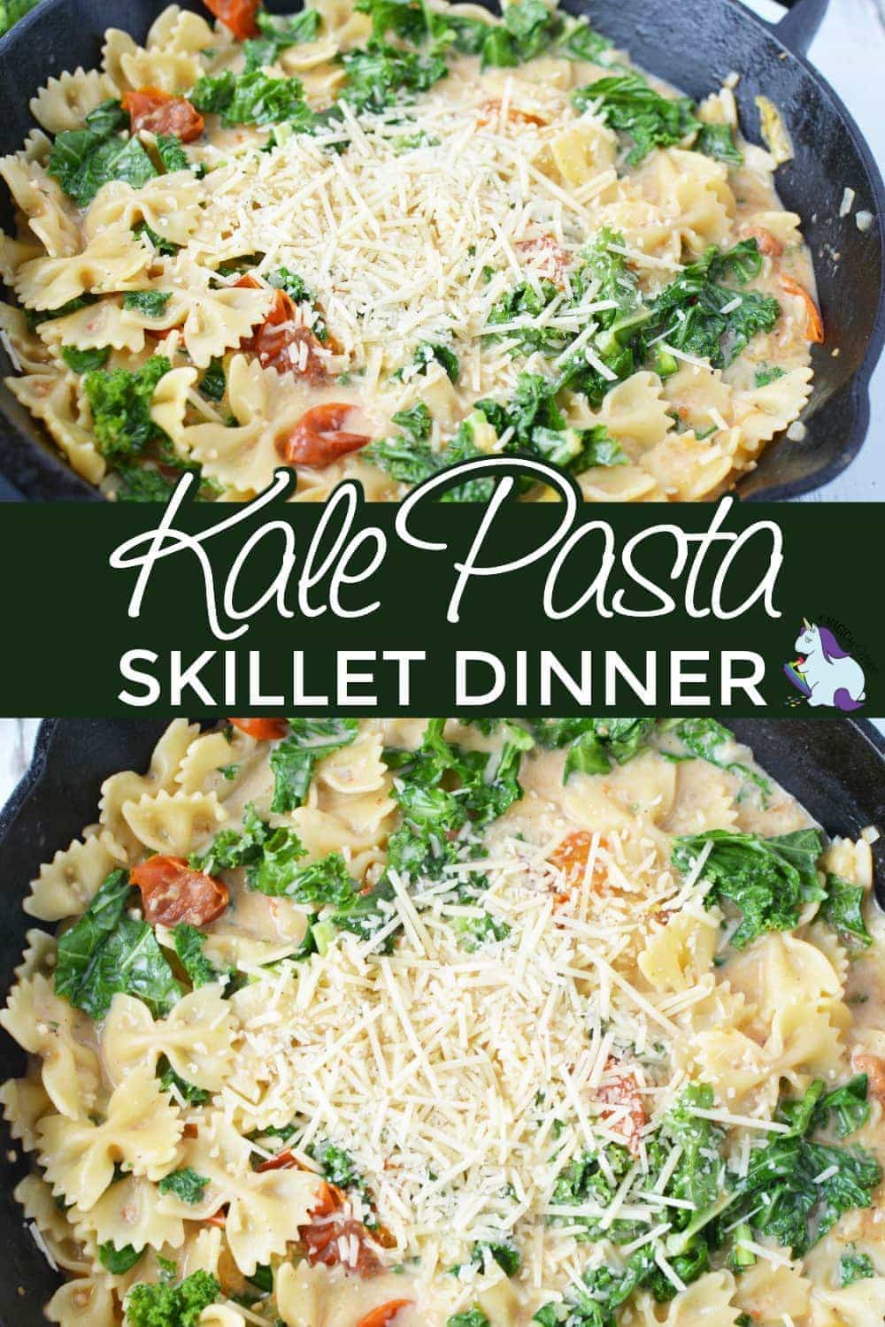 Kale pasta dinner in a skillet topped with Parmesan cheese. 
