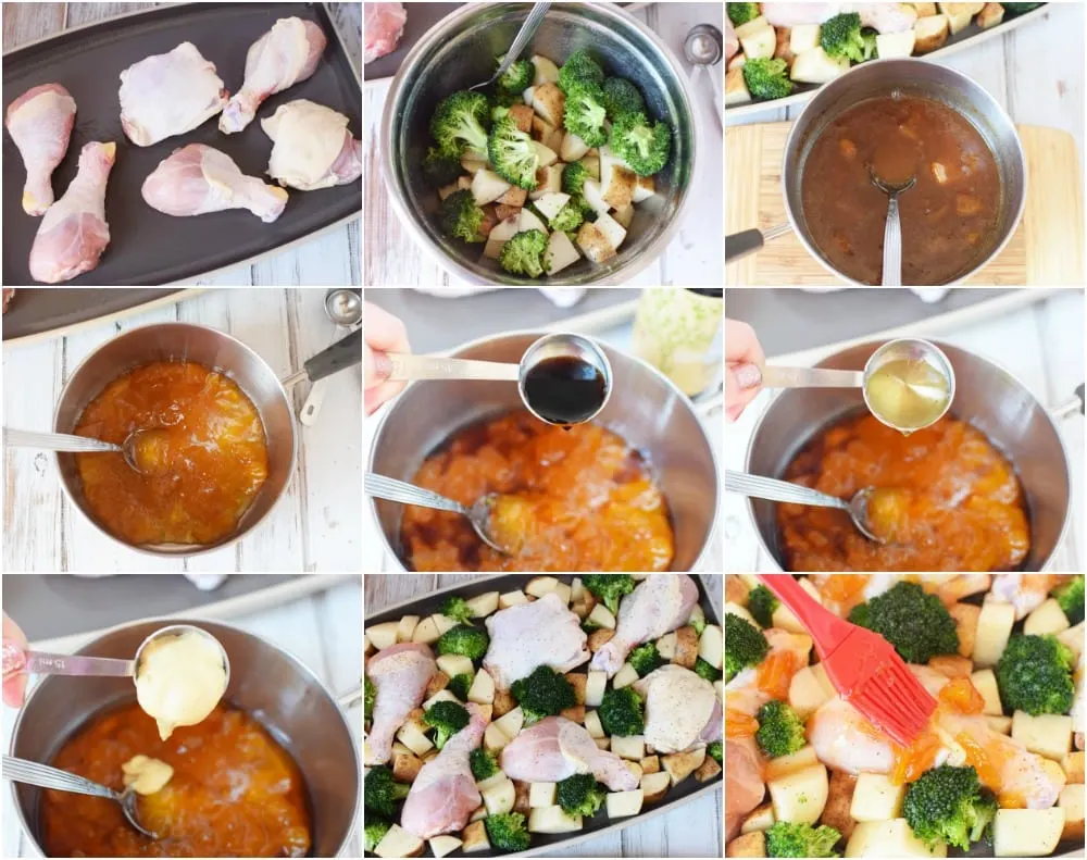 Chicken legs, veggies, and making peach preserves. A collage of steps to make peach sheet pan chicken legs. 