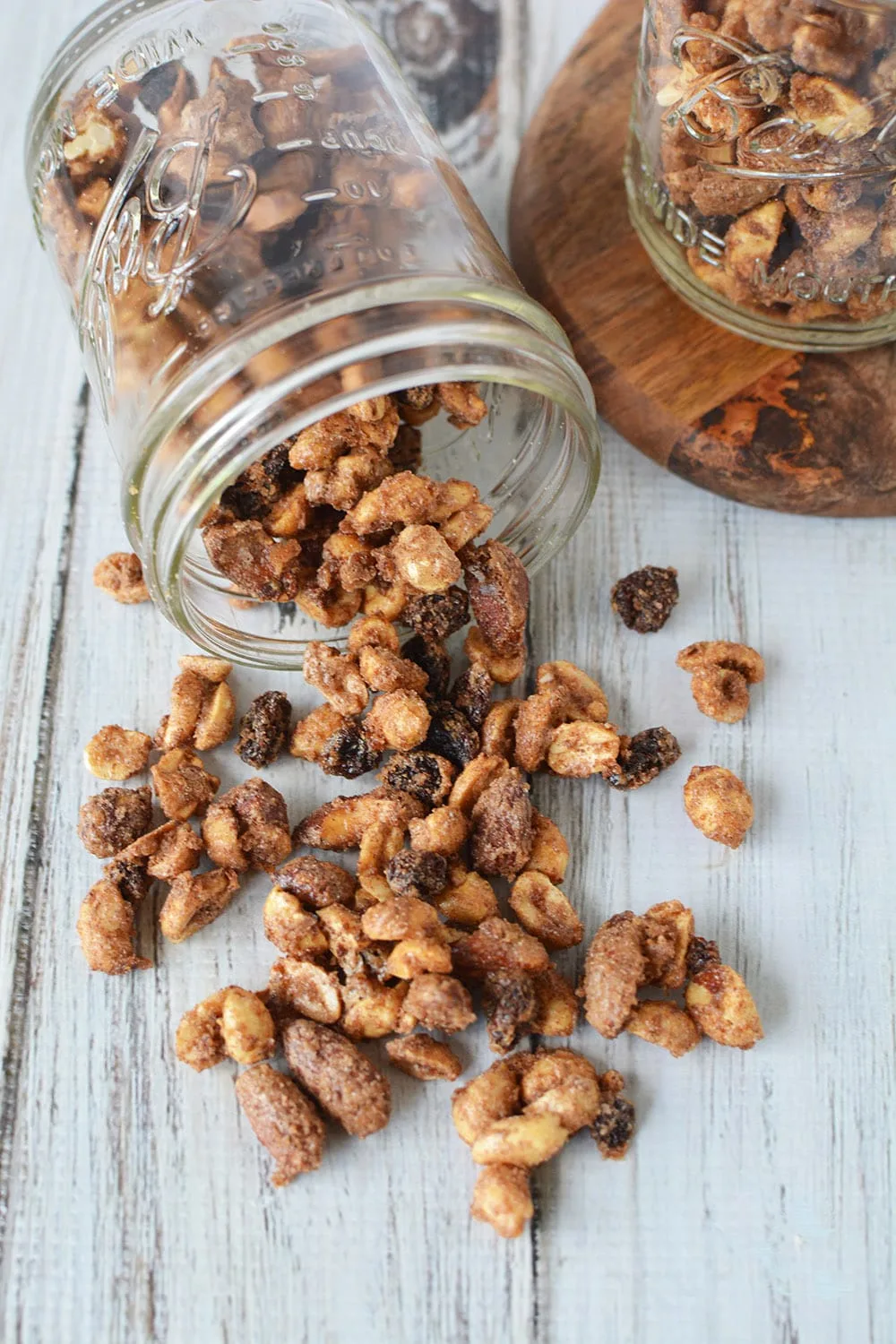 Overhead shot of pumpkin pie snack mix in a mason jar.