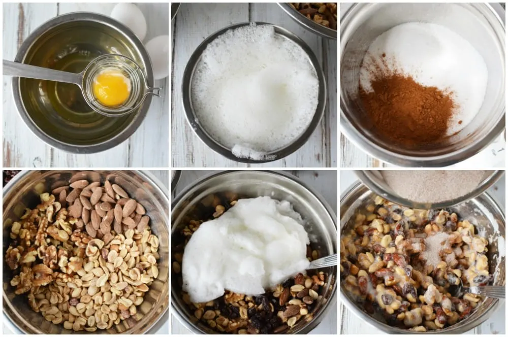 Mixing nuts and other ingredients in bowls to show the process of making snack mix. 