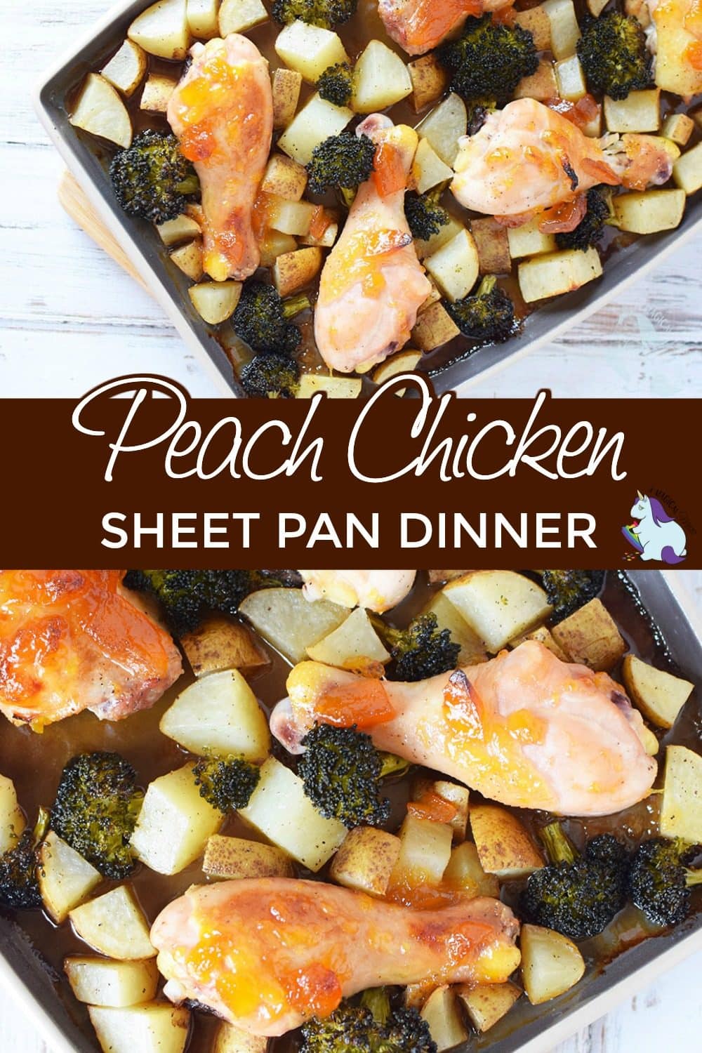 Chicken legs, potatoes, broccoli, and peach on a sheet pan. 