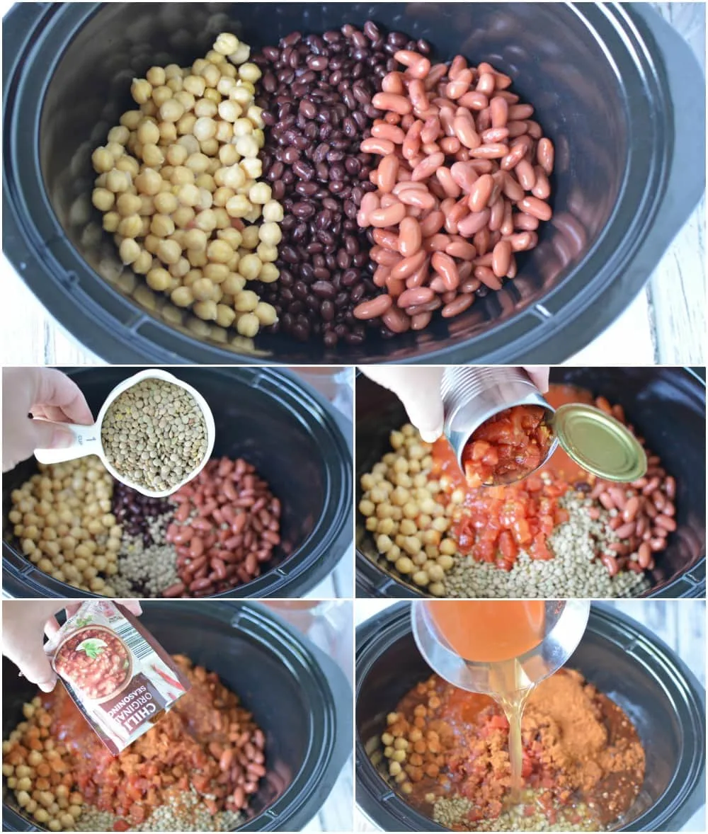 Beans in a crockpot, and a collage of images making three-bean chili. 
