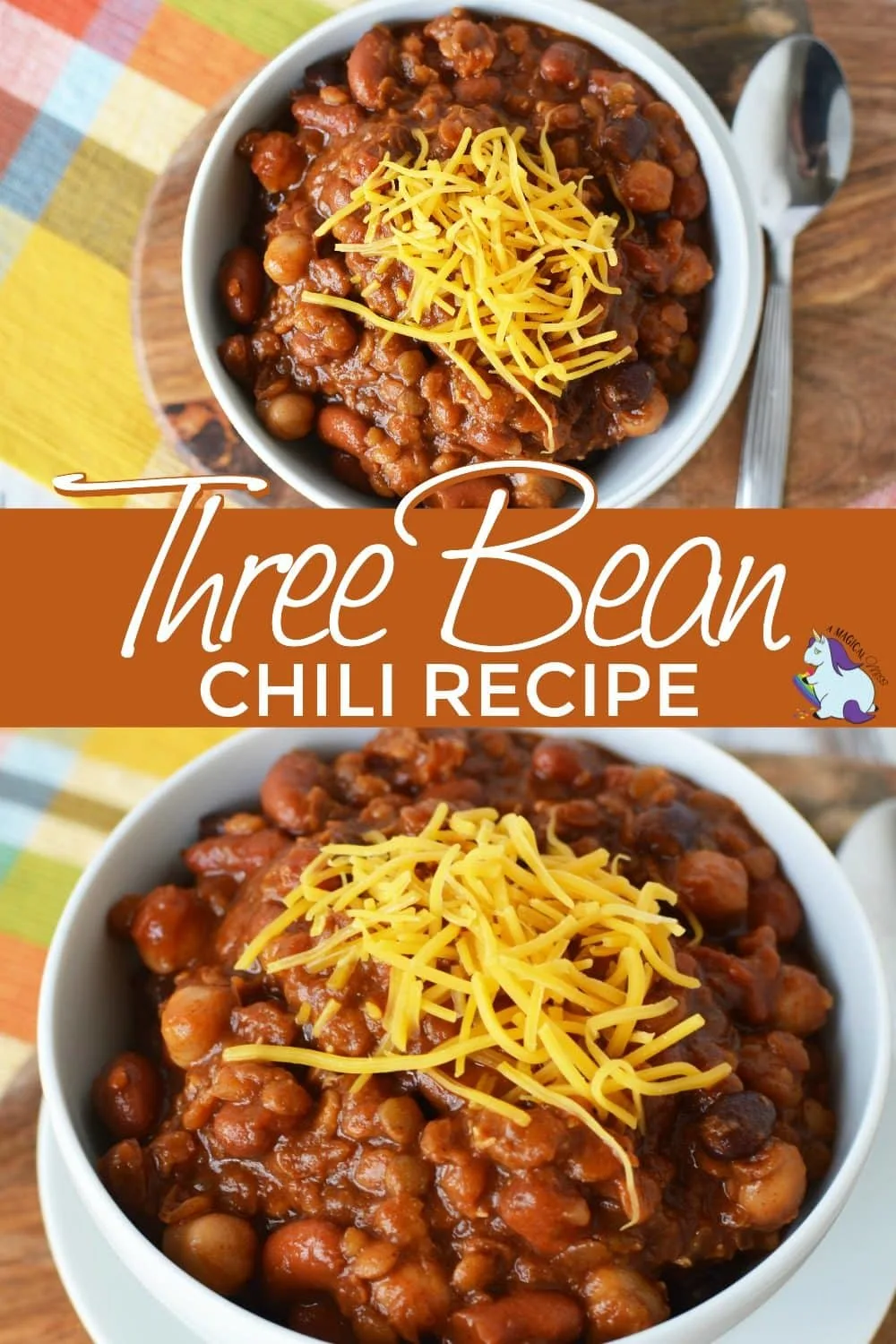 Three bean chili in a bowl topped with cheddar cheese