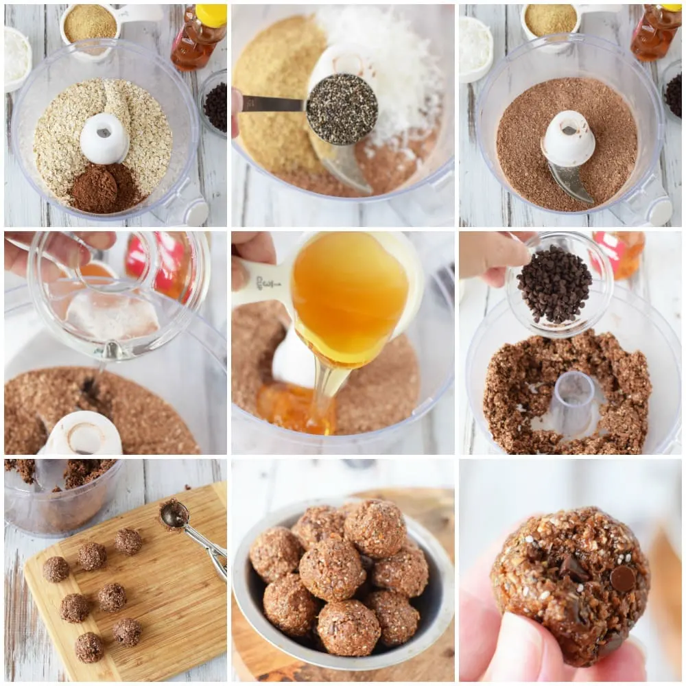 Oats, seeds, and other ingredients to make chocolate energy balls. This is a collage showing the steps to make them. 