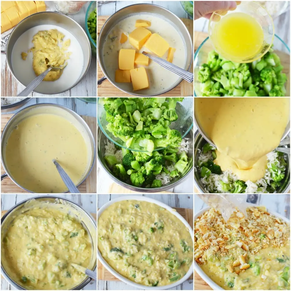 Velveeta, Ritz crackers, broccoli, and rice in all of the steps to make cheesy broccoli casserole. 