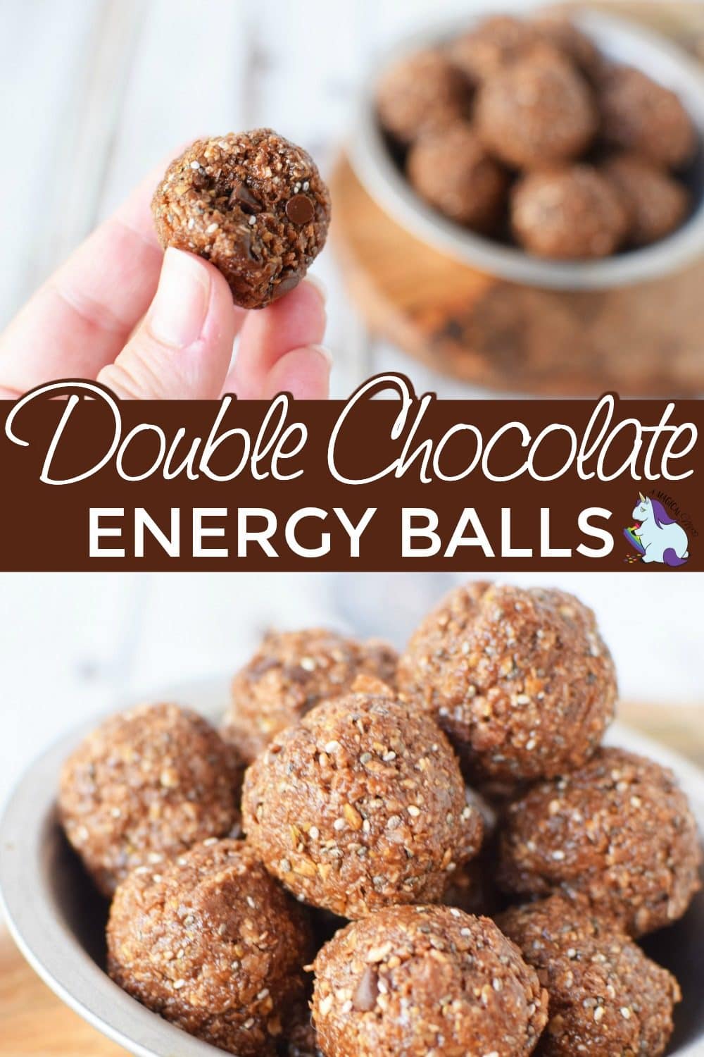 Energy bites with chocolate chips in a hand and in a bowl. 