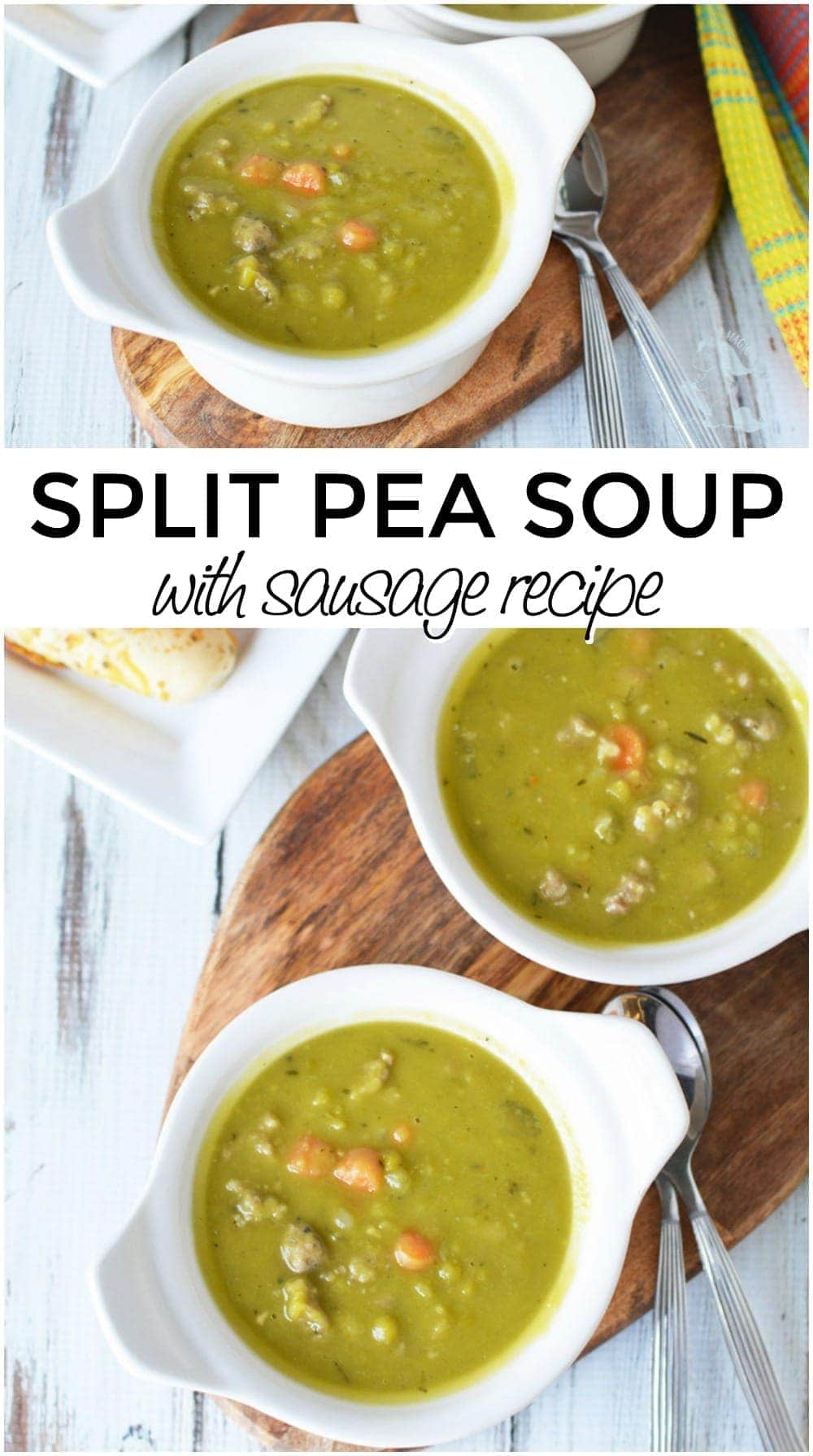 Split Pea Soup with Sausage in a bowl