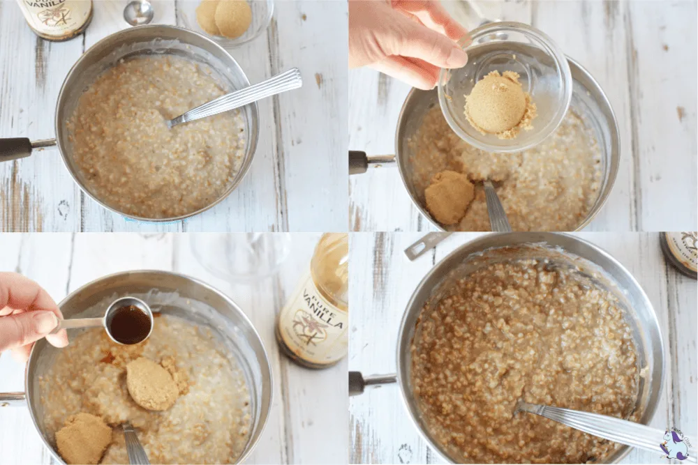 Stirring oats and other ingredients in a collage of images to make oatmeal. 