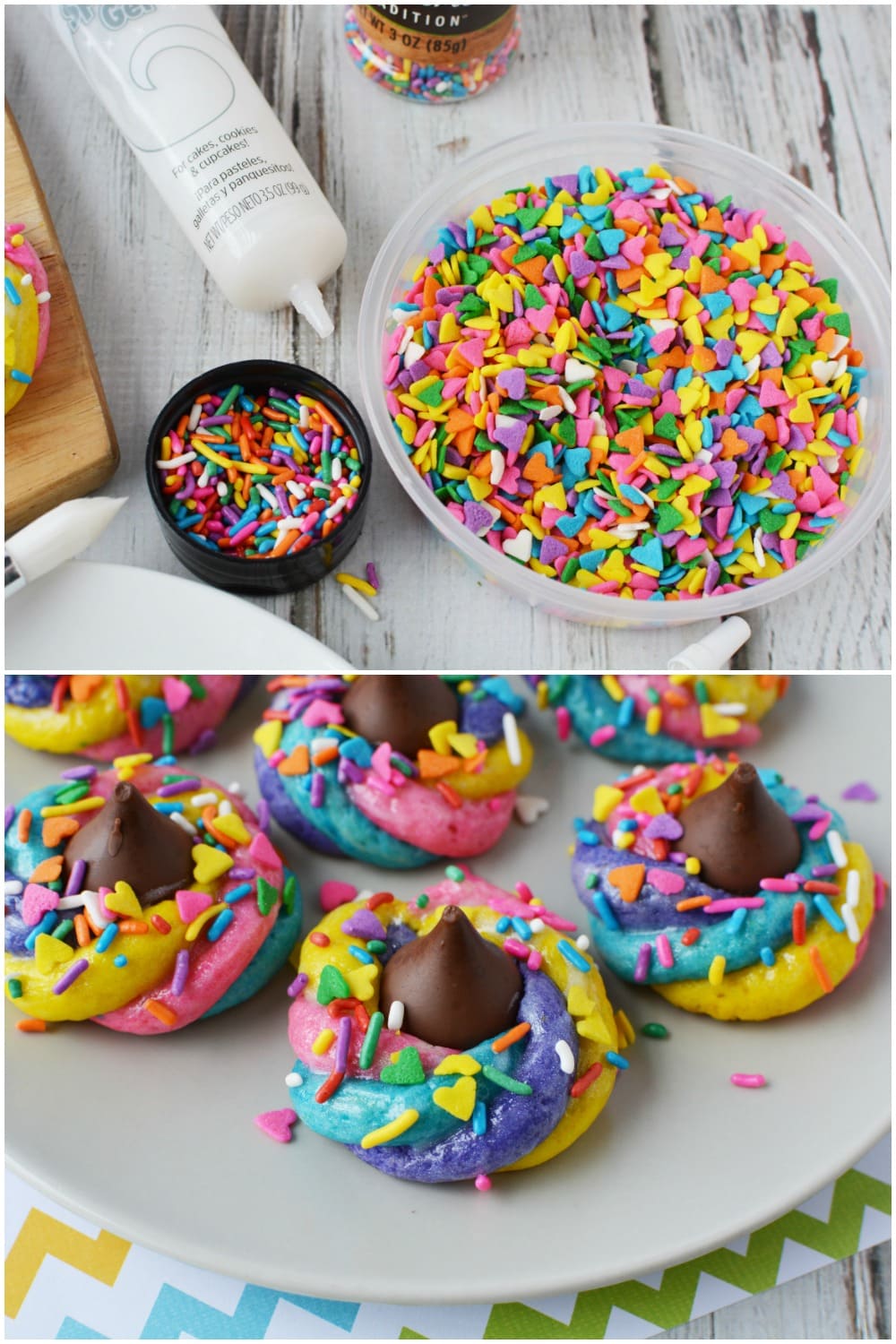 Sprinkles and gel used to decorate unicorn poop cookies
