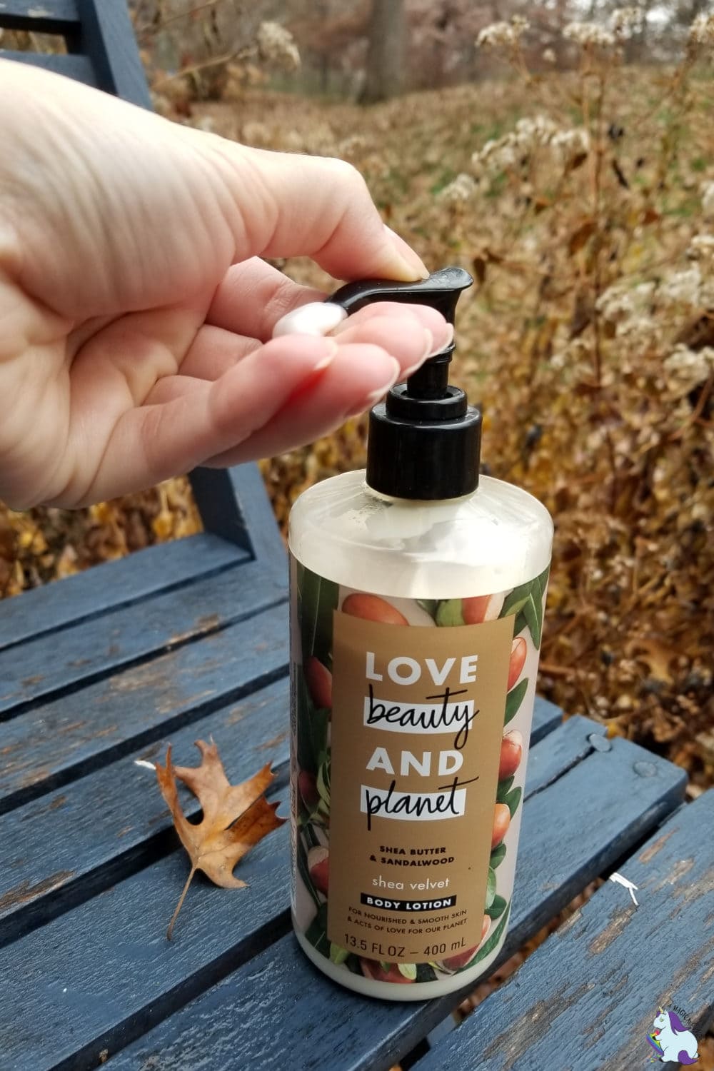 Lotion sitting on a blue bench around fall leaves. 