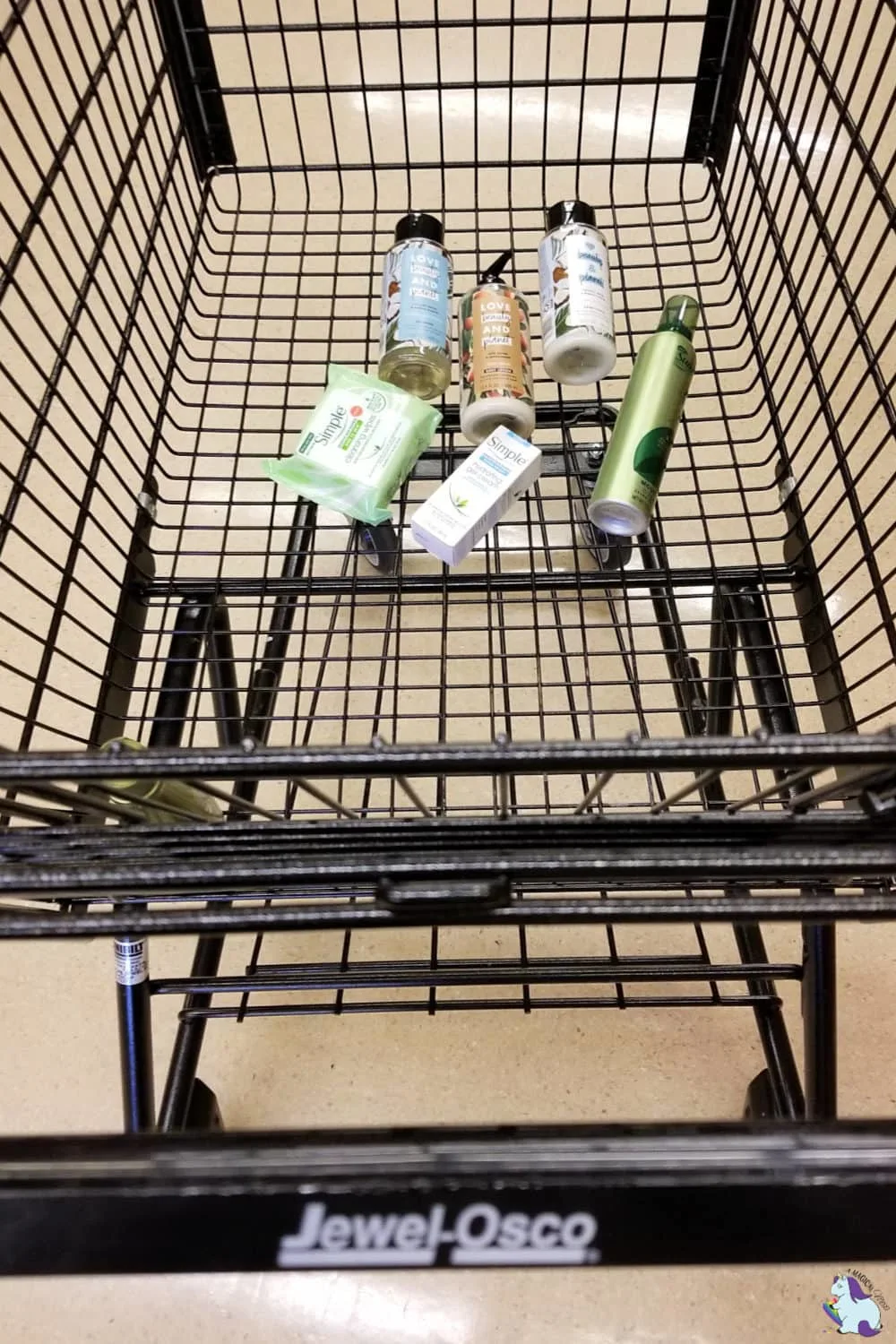 Beauty products in a shopping cart. 