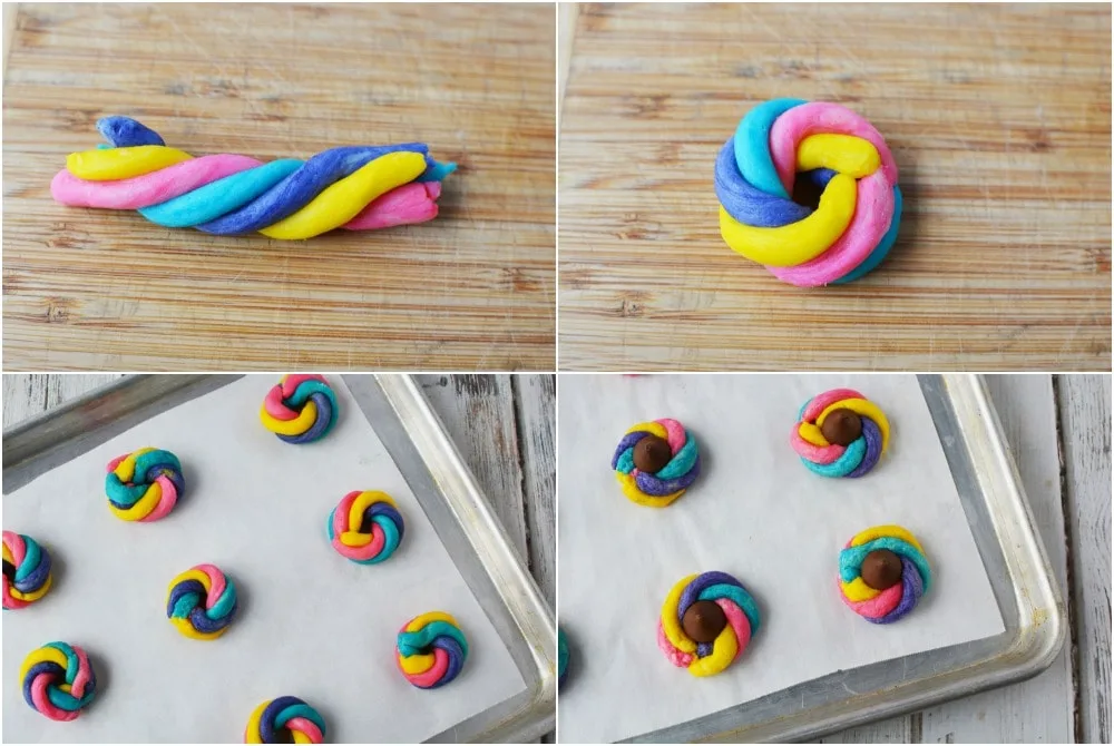 Swirled rainbow dough for unicorn cookies.