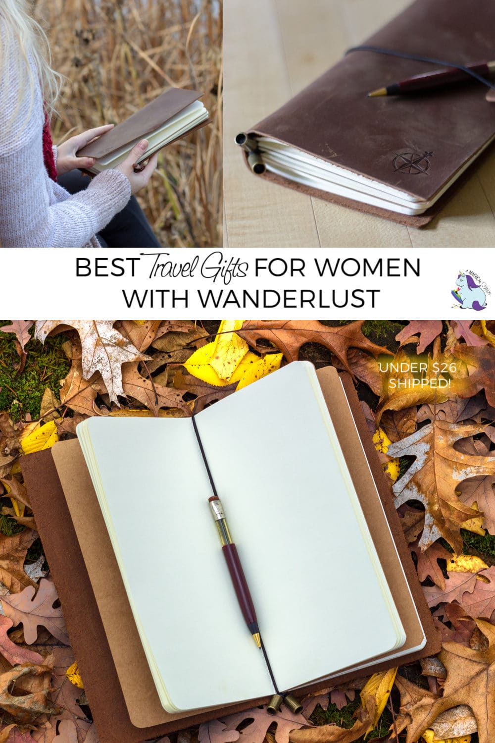 A girl holding a leather journal, the journal on a table, and open journal in fall leaves.