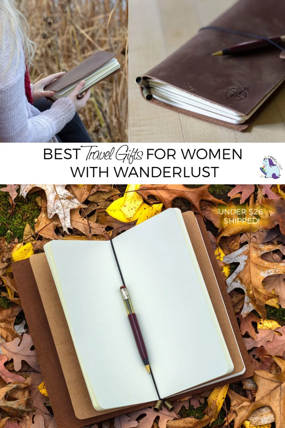 A girl holding a leather journal, the journal on a table, and open journal in fall leaves.