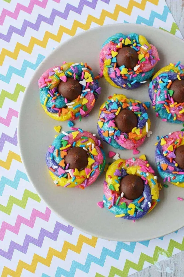 Rainbow swirl cookies with a chocolate kiss