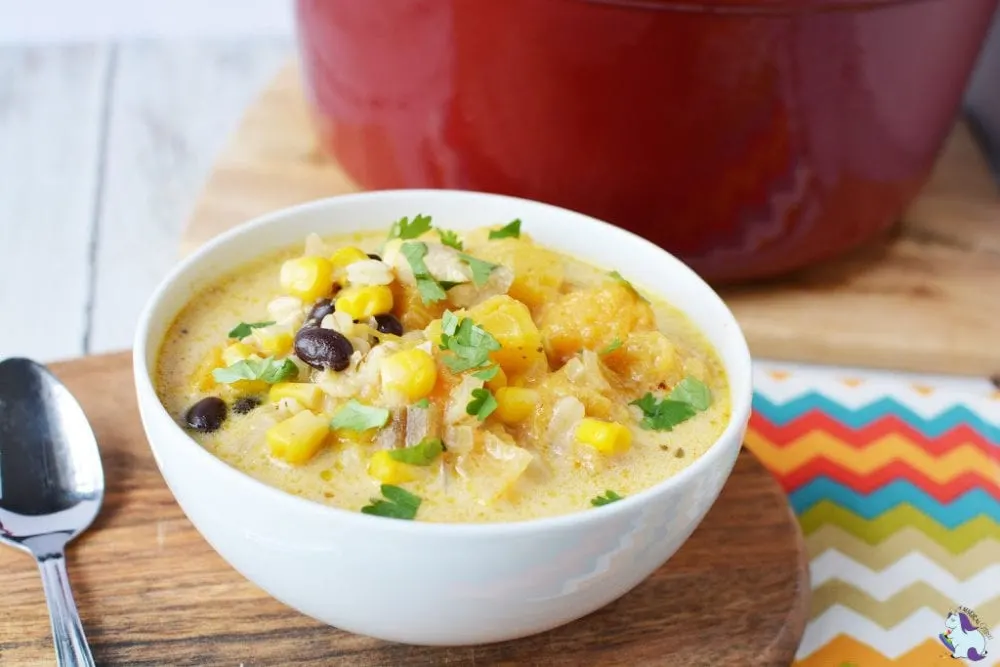 Southwest chicken corn chowder in white bowl