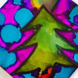 colorful pine tree made with alcohol ink on tile