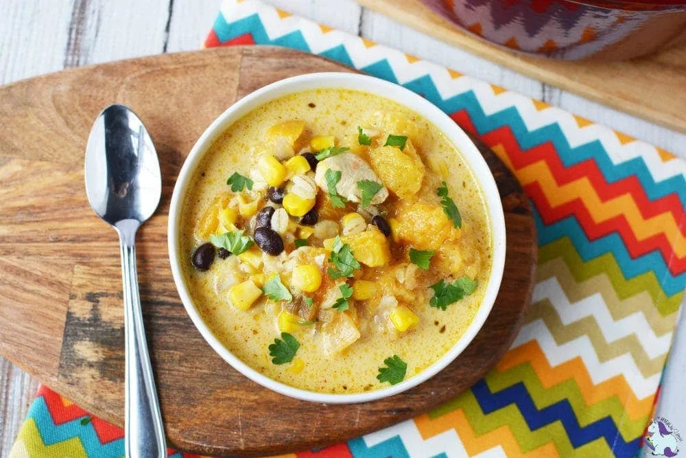 chicken corn chowder topped with fresh cilantro