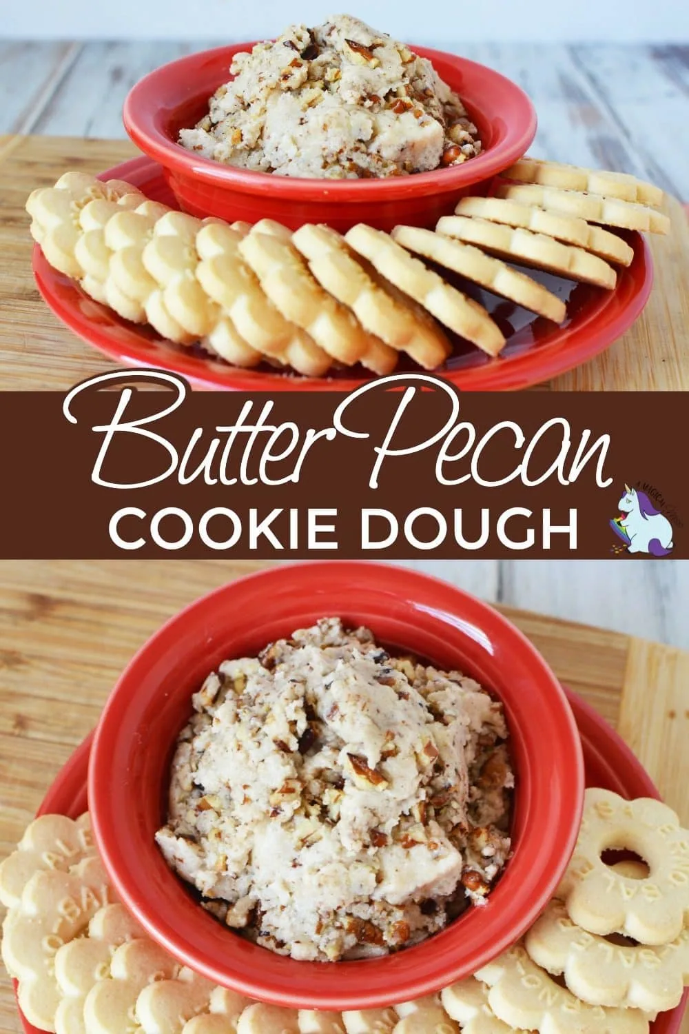 Butter pecan cookie dough dip in a red bowl. 