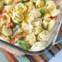 Chicken broccoli bake with tortellini in pan