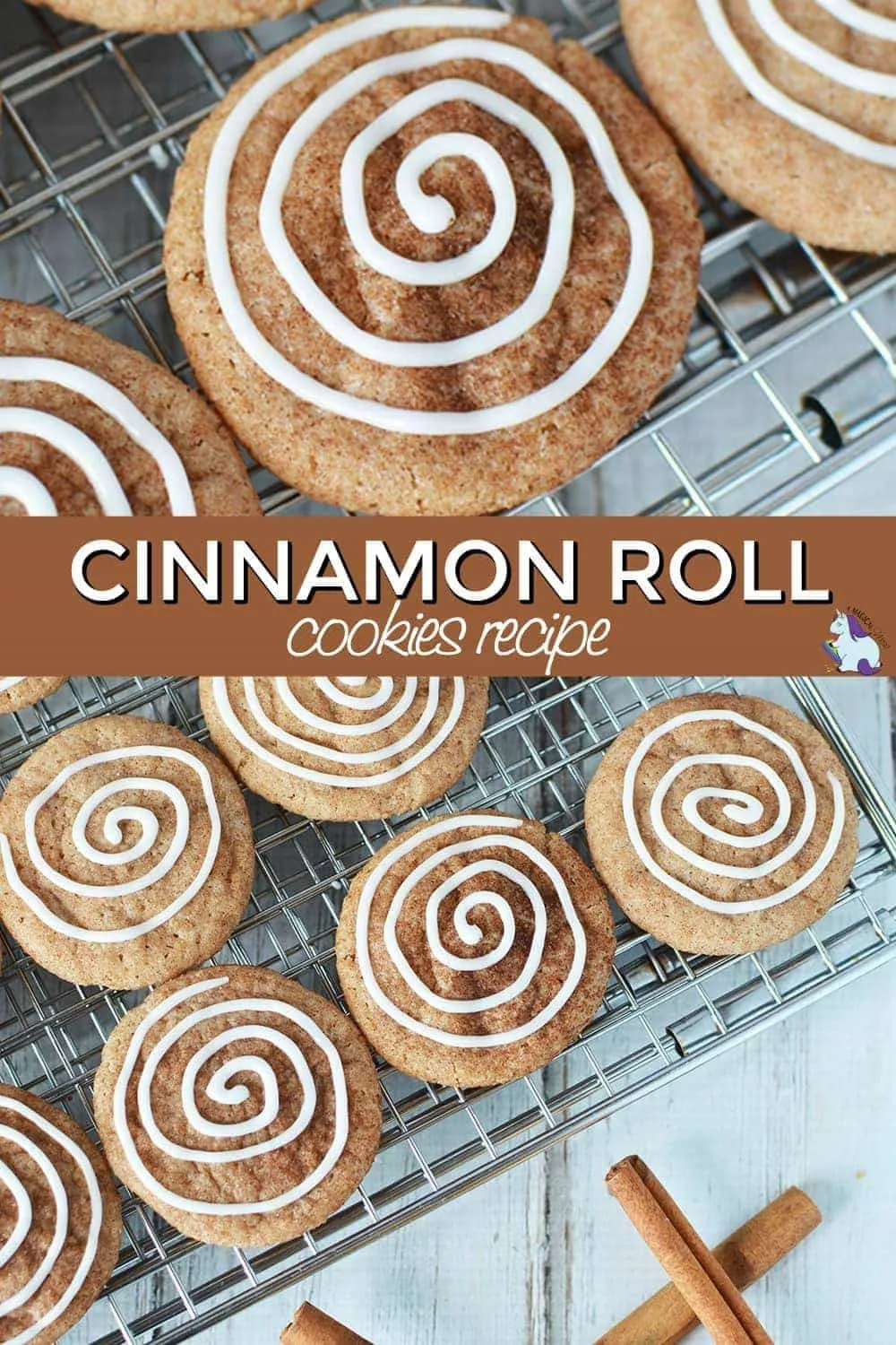 Cinnamon roll cookies on a baking rack