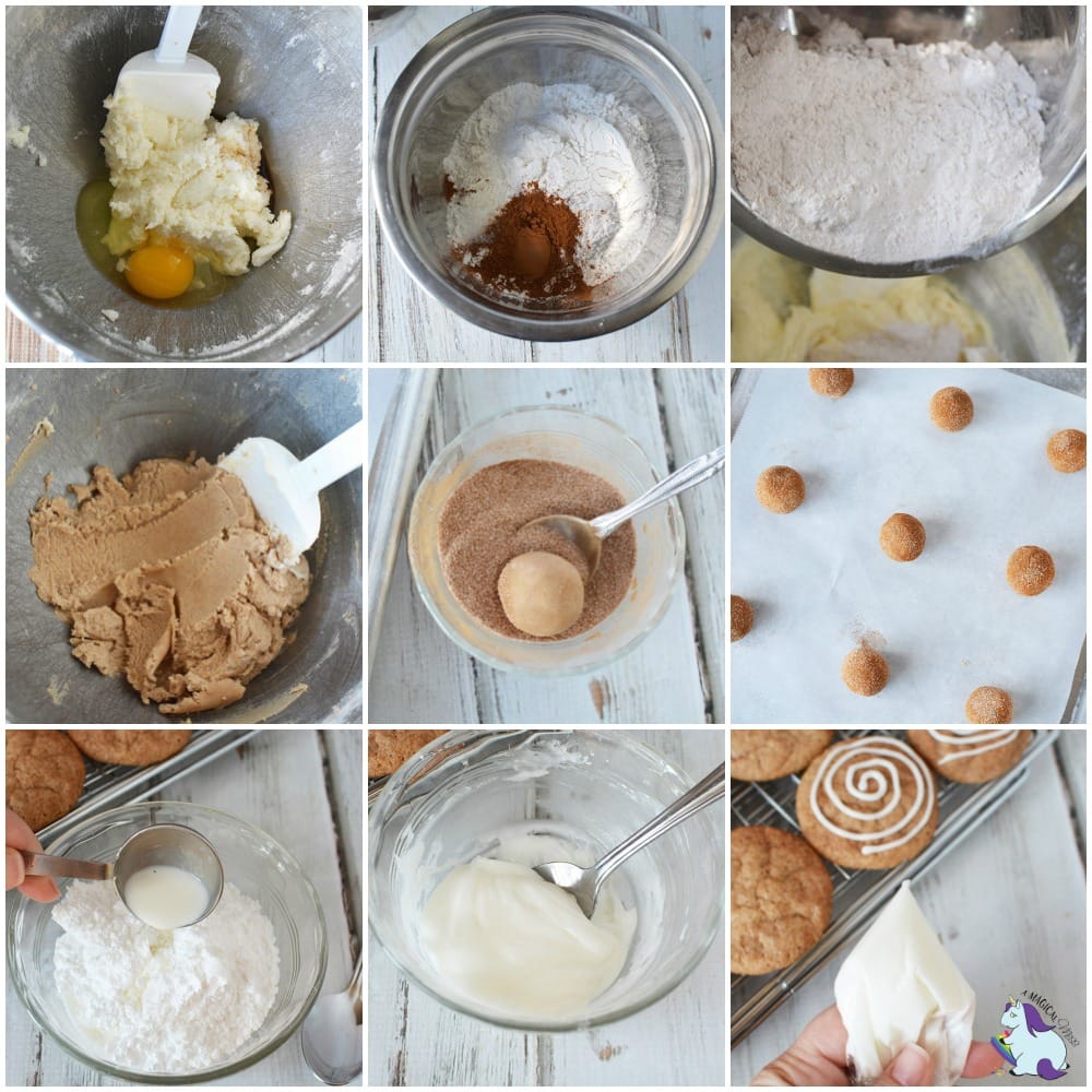 Collage of steps to make cinnamon roll cookies
